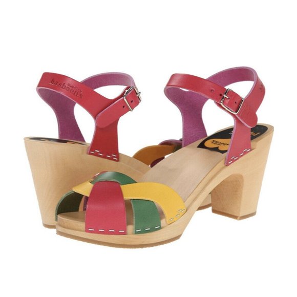 Swedish Hasbeens Toffel Multi Leather Wooden Heel Clog Sandals Size EU 39 US 8.5 - Picture 2 of 12